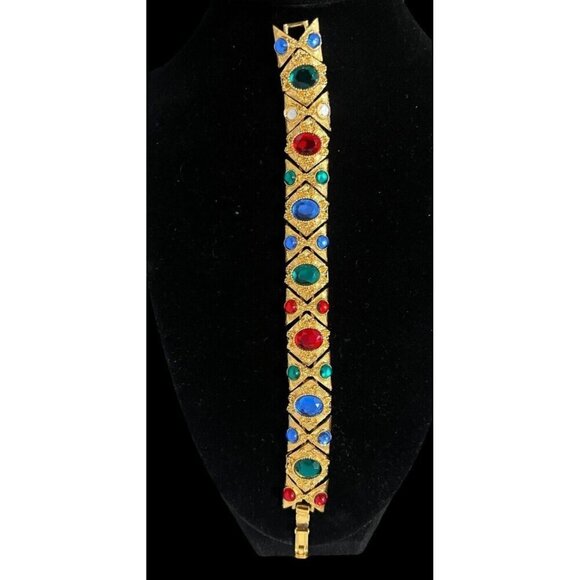 Cabachon Multicolor Gold Tone Bracelet Faux Gem Rhinestones Jewels Unsigned - Picture 1 of 11